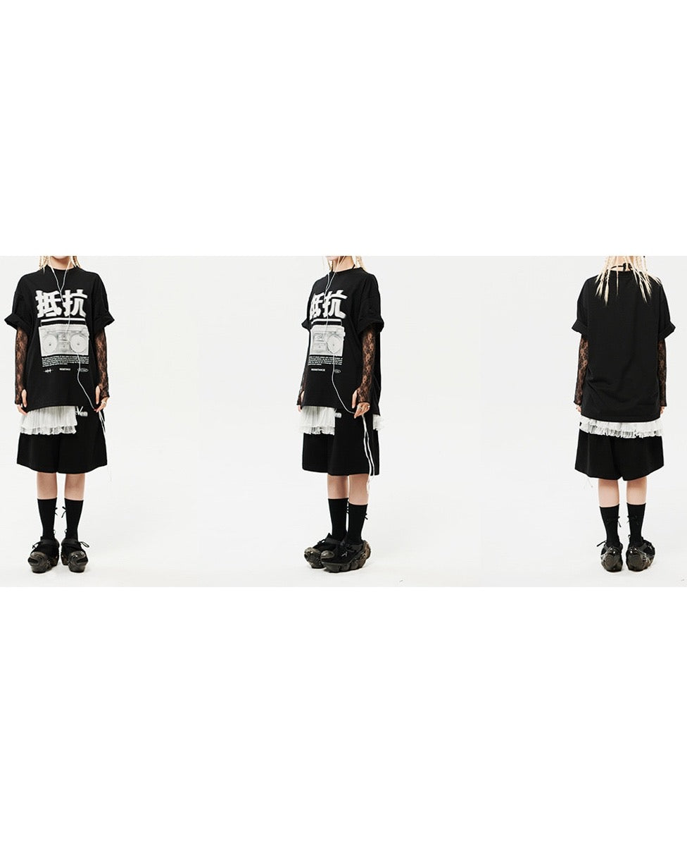 Oversized Hip Hop Dance Studio Radio Graphics Short Sleeve T-Shirt