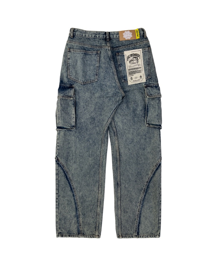WASHING DENIM CARGO PANTS _ Tinted Blue