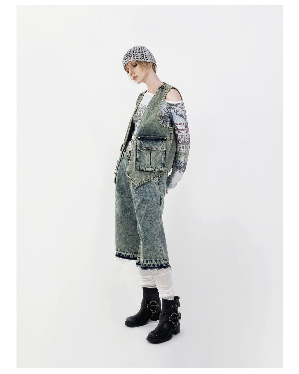 WASHING DENIM VINTAGE HALF PANTS_ Tinted Blue