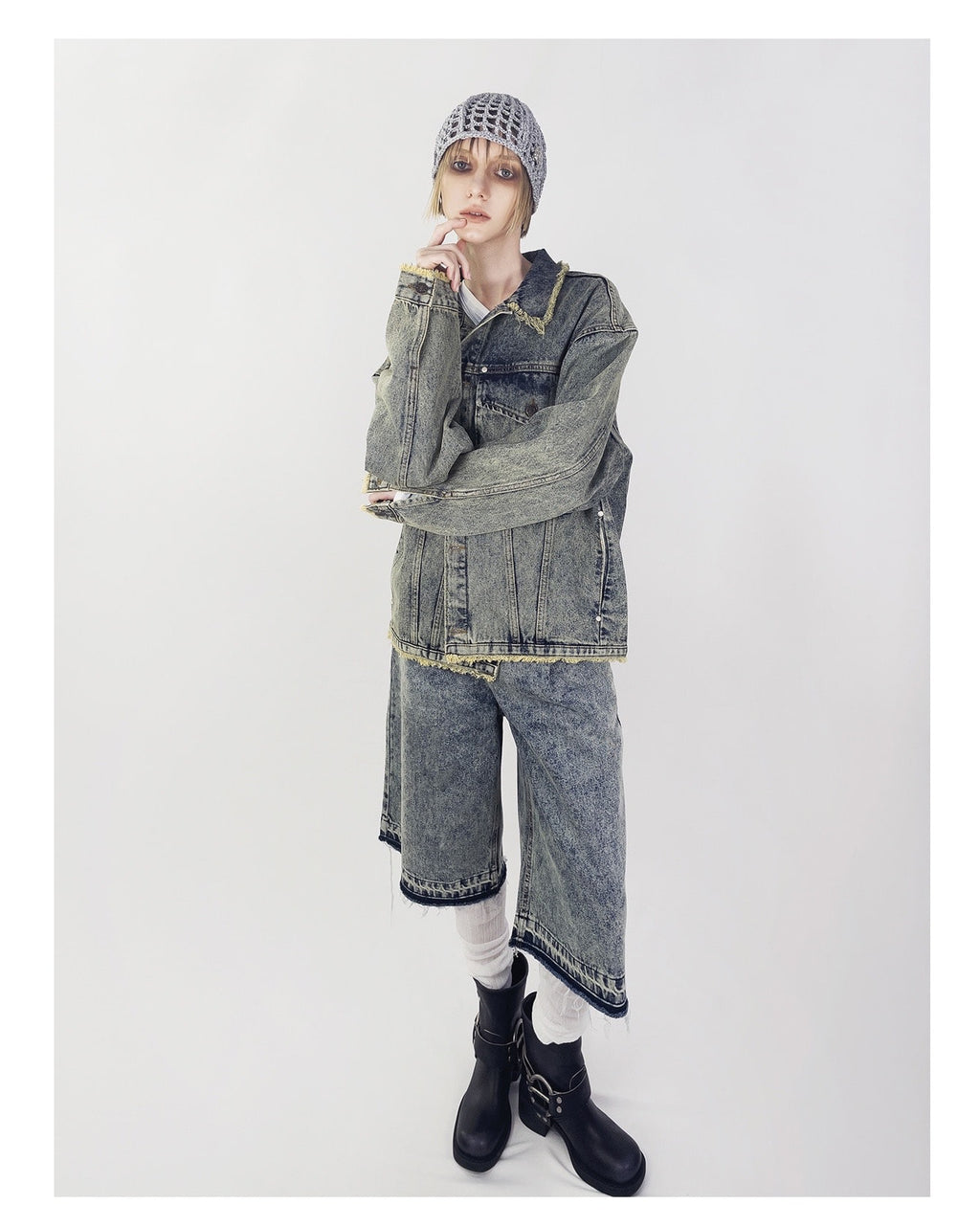 WASHING DENIM VINTAGE HALF PANTS_ Tinted Blue