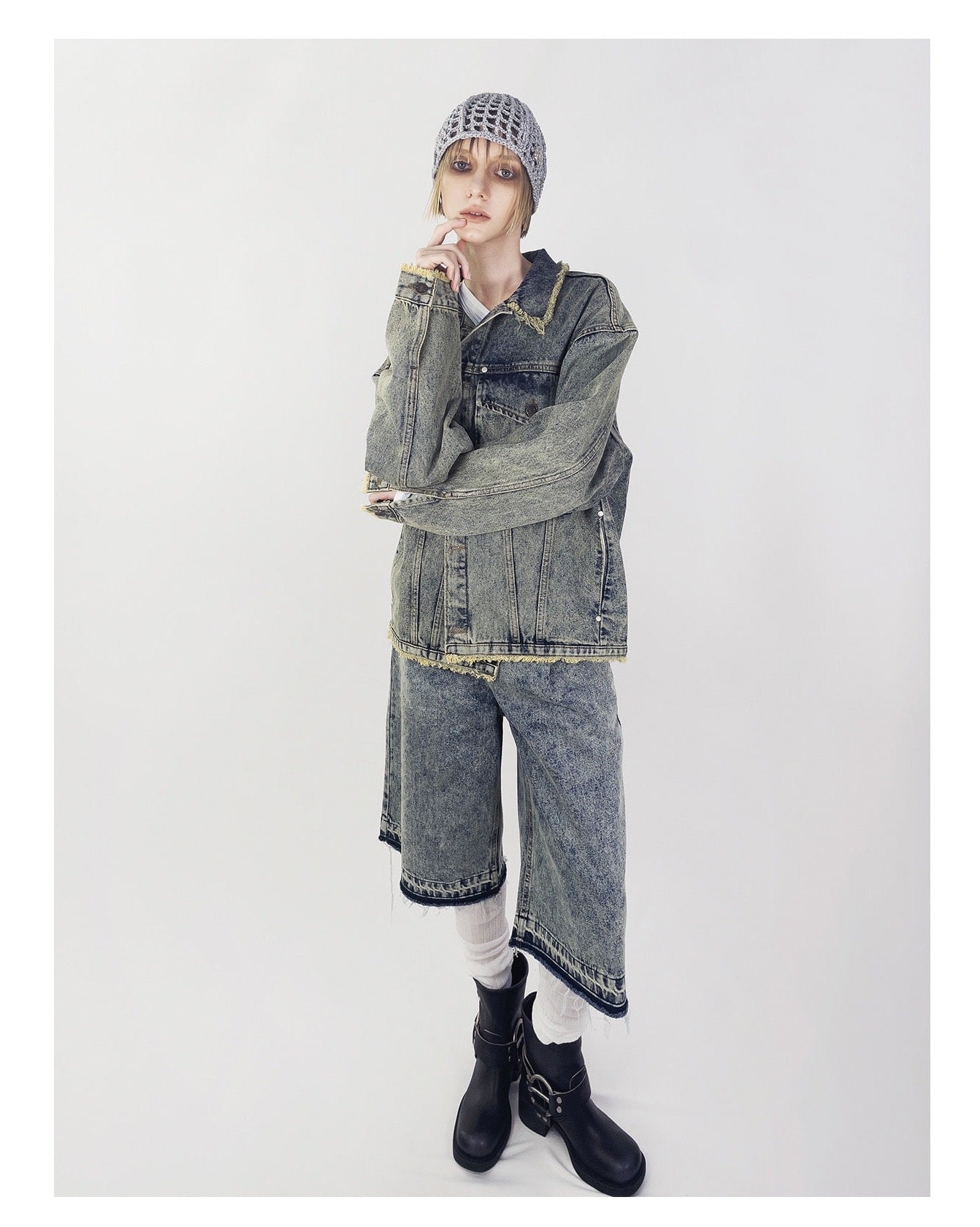 WASHING DENIM VINTAGE HALF PANTS_ Tinted Blue